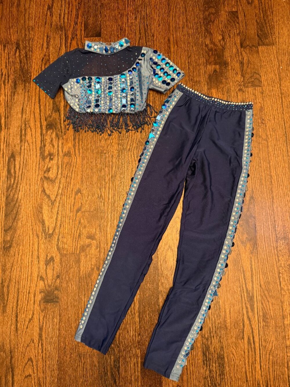 Glamour Costume Light & Navy Blue Sequin Beaded Tassel Tap Dance Costume Child M